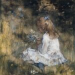 girl in white dress sitting on rock painting