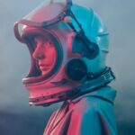 Profile view of a woman in a futuristic astronaut helmet, lit with dramatic lighting.